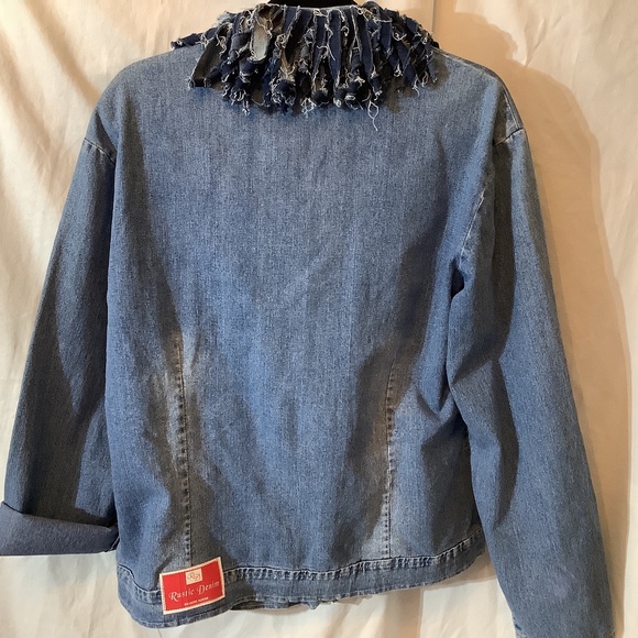 NWT Upcycled denim jean jacket with jean fringe Rustic denim western funky - Picture 4 of 12